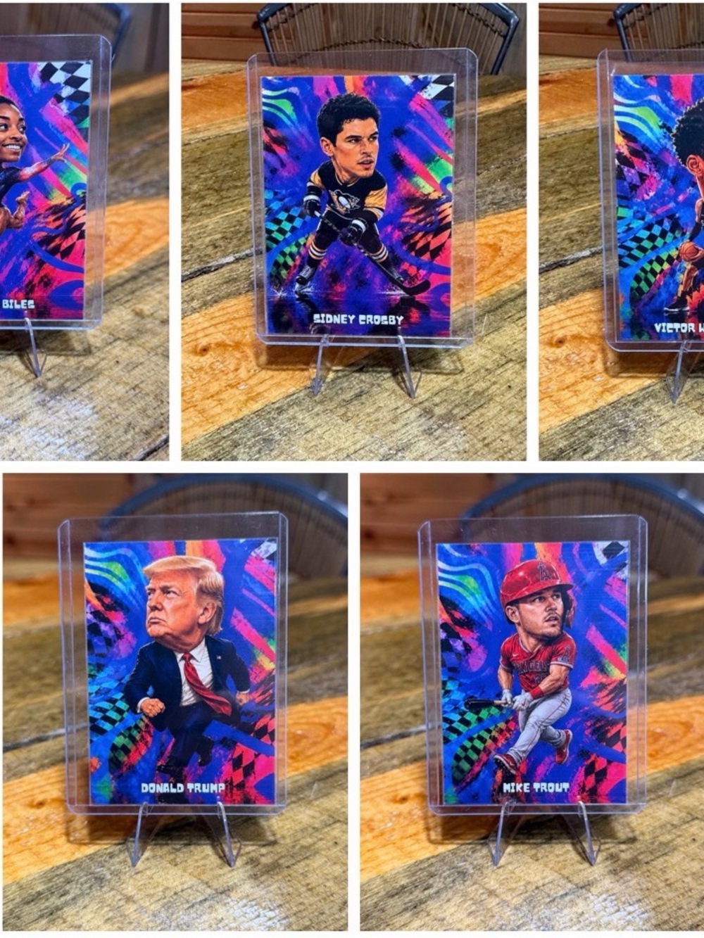Lot of 5 Big Head Trading Cards: Simone Biles, Crosby, Wembanyama, Trump, Trout